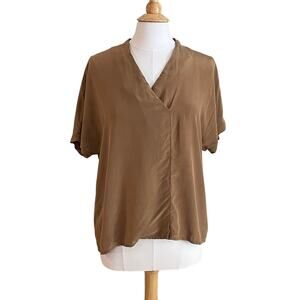 Vintage 90s Carlisle Tan 100% Silk V-Neck Blouse, Faux Wrap Detail, Size 14